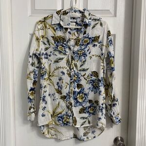 Joie White Linen Blouse Blue Floral Size Medium Long Sleeve V-Neck